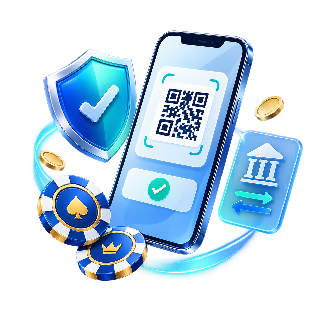 Illustration of QR payment, bank transfer and secure casino payment checks
