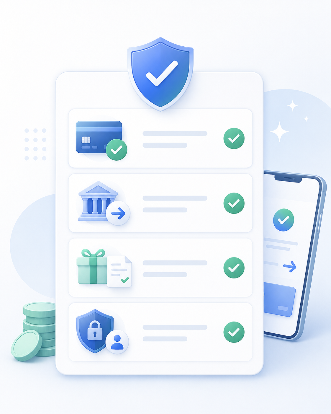 Payment, bank, bonus and identity verification checklist illustration
